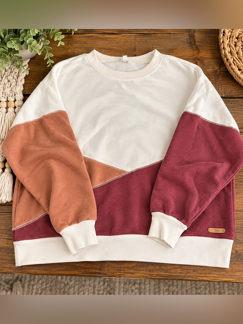 BKE Colorblock Crewneck Sweatshirt- White, Rust & Burgundy